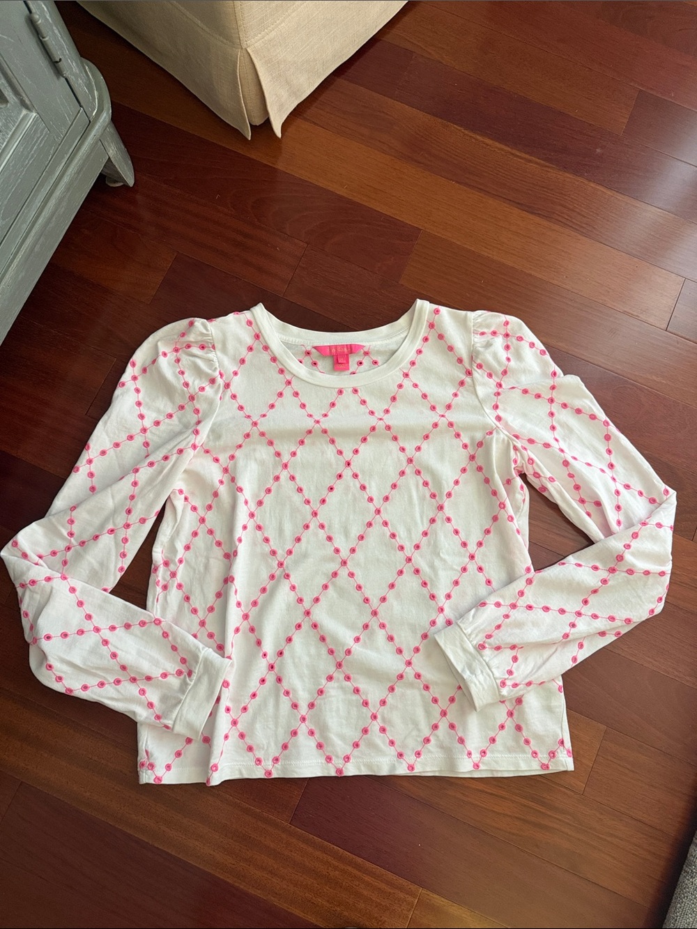 Lilly Pulitzer White Long-Sleeve Top with Pink Dot Lattice